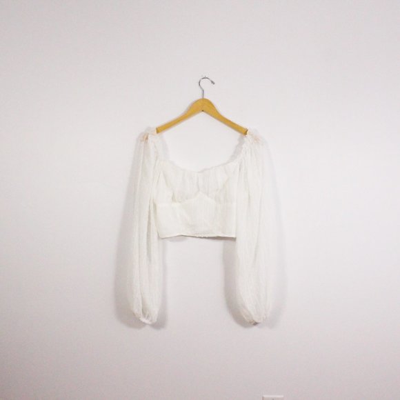 *SHEIN Frenchy Swiss Dot Lettuce Trim Crop Milkmaid Blouse - Picture 4 of 6